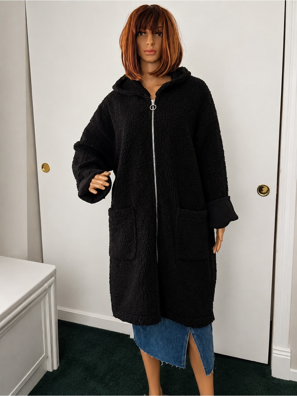 Plush Teddy Black Knit Hooded Coat